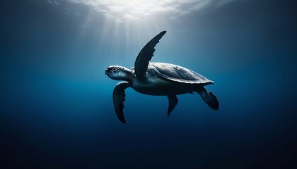 Fototapeta premium silhouette of a caretta caretta swimming alone in the deep blue of the ocean 
