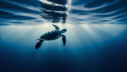 silhouette of a caretta caretta swimming alone in the deep blue of the ocean
