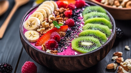 Colorful smoothie with fresh fruits and nuts