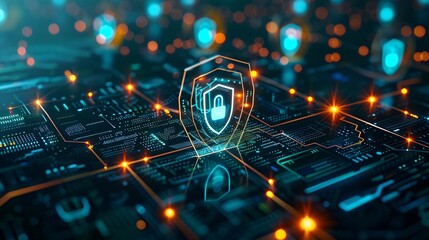 Digital fortress shielding a web of devices from cyber threats, with a futuristic resonance