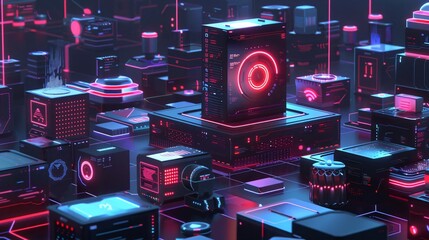 Digital fortress fortifying an array of devices against cyber threats, evoking a futuristic mood