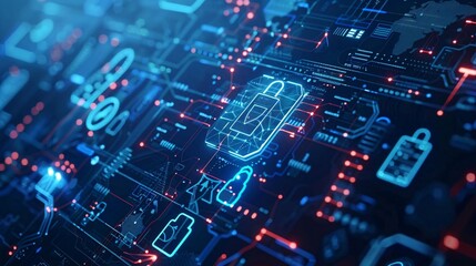 Digital fortress shielding a web of devices from cyber threats, with a futuristic resonance