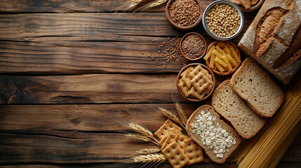 Top view of wholegrain and cereal composition shot on rustic wooden table. This type of food is rich of fiber and is ideal for dieting. The composition includes wholegrain sliced bread, wholegrain pas
