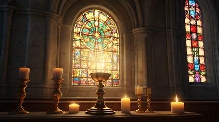 Granater AI Candles and a candle placed in front of a stained glass window, creating a warm and serene ambiance.