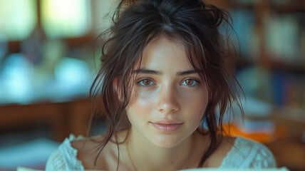 Fototapeta premium a young female student studying for exams, dark hair, confident expressions, highly intense atmosphere background,generative ai