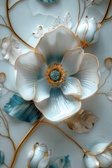 Obraz premium White porcelain flower with voluminous blue-gold leaves and buds on a white marble background.