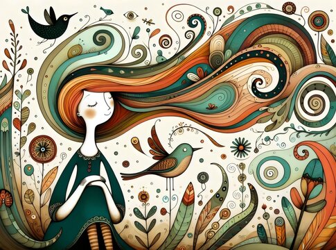 Ilustraci&oacute;n surrealista, mujer so&ntilde;adora, fantas&iacute;a, storybook, cuento, d&iacute;a de la mujer, d&iacute;a de la madre, d&iacute;a de la amistas, postal, tarjeta, presente, saludo