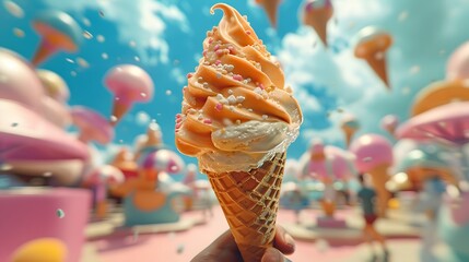  a person enjoying a dipped ice cream cone, centered with sharp detail and a fun setting. 