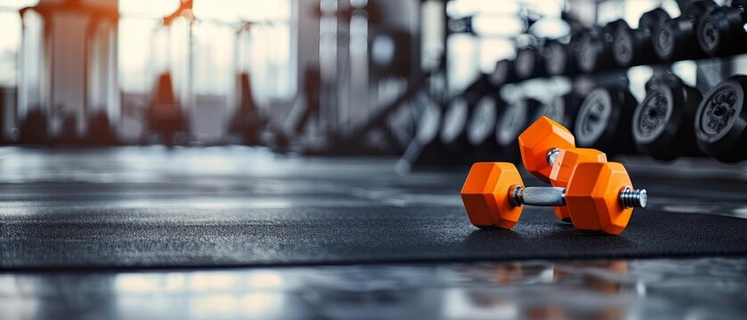 A pair of orange dumbbells on a gym floor, with exercise equipment in the background. Ideal for fitness and health themes.