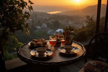 Fototapeta premium Sunset Tea Overlook: Tea and snacks on a hill overlooking a picturesque village during sunset.