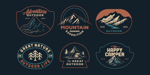 mountain adventure hipster logos. Set of Vintage Outdoor mountains Summer Camp badges or Patches. vector emblem designs. Great for shirts, stamps, stickers logos and labels.