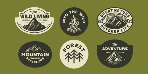 mountain adventure hipster logos. Set of Vintage Outdoor mountains Summer Camp badges or Patches. vector emblem designs. Great for shirts, stamps, stickers logos and labels.