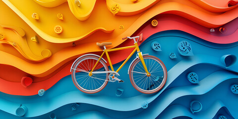  World bicycle day colorful background in paper cut wavs background for World Bicycle Day Whimsical floating bike in colorful environment