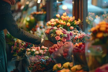 A detailed close-up of a small business owner decorating their store with fresh flowers and other natural elements. The owner carefully places each flower, creating a beautiful and inviting display