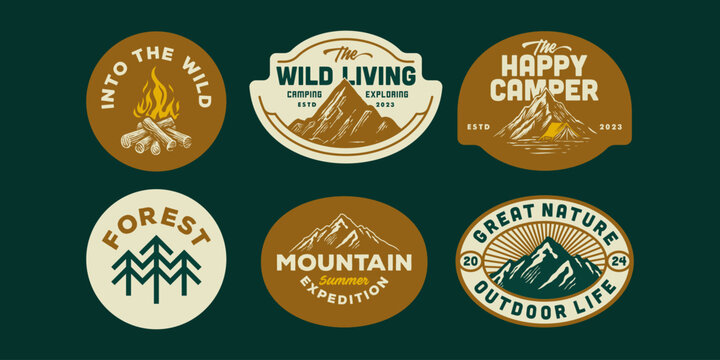 mountain adventure hipster logos. Set of Vintage Outdoor mountains Summer Camp badges or Patches. vector emblem designs. Great for shirts, stamps, stickers logos and labels.