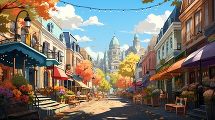 A vibrant street market with colorful stalls and diverse crowds, highlighting the multiculturalism and vibrancy of city life. Painting Illustration style, Minimal and Simple,