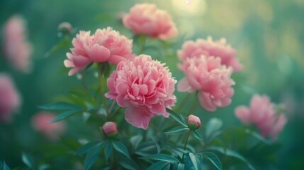 Fototapeta premium Numerous pink peonies blooming in the green grass