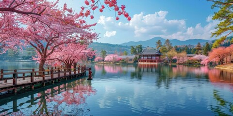 Colorful sakura Season and Mountain Fuji with morning fog . ai generated