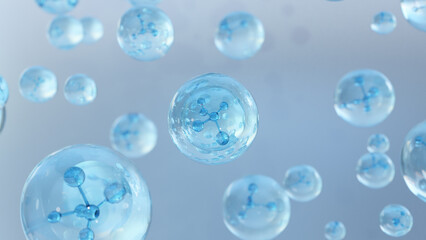 3D rendering Cosmetics Serum bubbles on a defocus background. Collagen bubbles Design. Molecule inside a liquid bubble. Essence Ball Molecules.