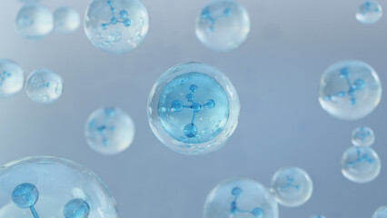 3D rendering Cosmetics Blue Serum bubbles on defocus background. Collagen bubbles Design. Molecule inside a liquid bubble. Vitamin for health care and beauty concept. 