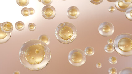 3D animation Cosmetics many atoms floating in the water. Particles inside a liquid bubble, cosmetic essence, and a liquid bubble on a background of water.