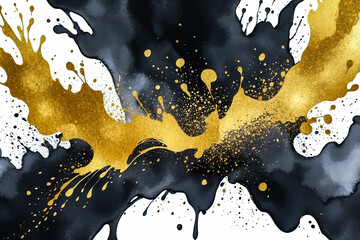 Obraz premium Watercolor Ink Texture Black and Gold Glitter Splash Effect Isolated on White Background