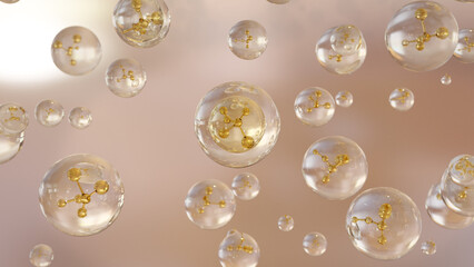 Cosmetics Serum bubbles on defocus background. Collagen bubbles Design. Molecule inside a liquid bubble. Essence Ball Molecules. 3D render