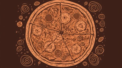 Pizza sliced, graphic contour illustration on a dark black background, isolate. AI generated.