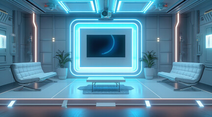 White TV studio mockup, blue lights, chinapunk style, dark gray/maroon.generative ai