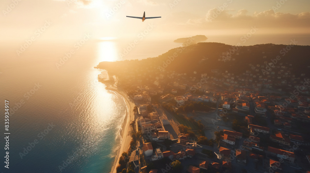 Wall mural Tourist plane liner flies over a tropical sea city in the morning sun. Exotic travel. AI generated.