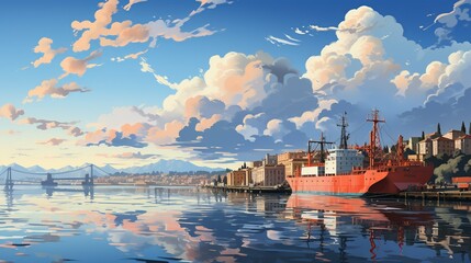 Obraz premium A bustling city harbor with towering cranes, cargo ships, and waterfront promenades, showcasing the industrial and maritime aspects of urban life. Painting Illustration style, Minimal and Simple,