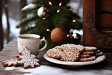 Fototapeta premium Snowy Cabin Retreat: Hot cocoa and gingerbread cookies on the porch of a snow-covered log cabin.