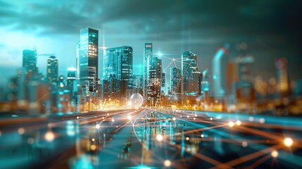 Futuristic infrastructure of a smart night city. Blue neon colors. Connection technology metaverse concept. Night city banner with big data. Device connection. 3d artwork