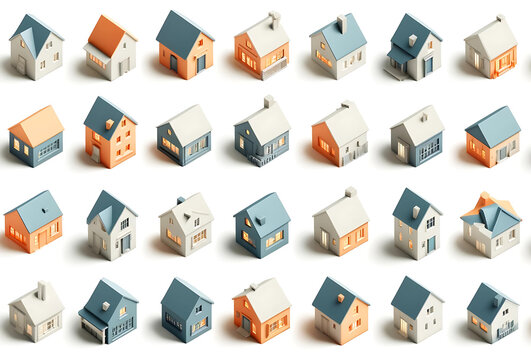 icones en 3d de maisons, ideal pour article, pr&eacute;sentation, ou blog pour architectes, agents immobiliers, march&eacute; immobilier, assureurs, banquiers, constructeurs