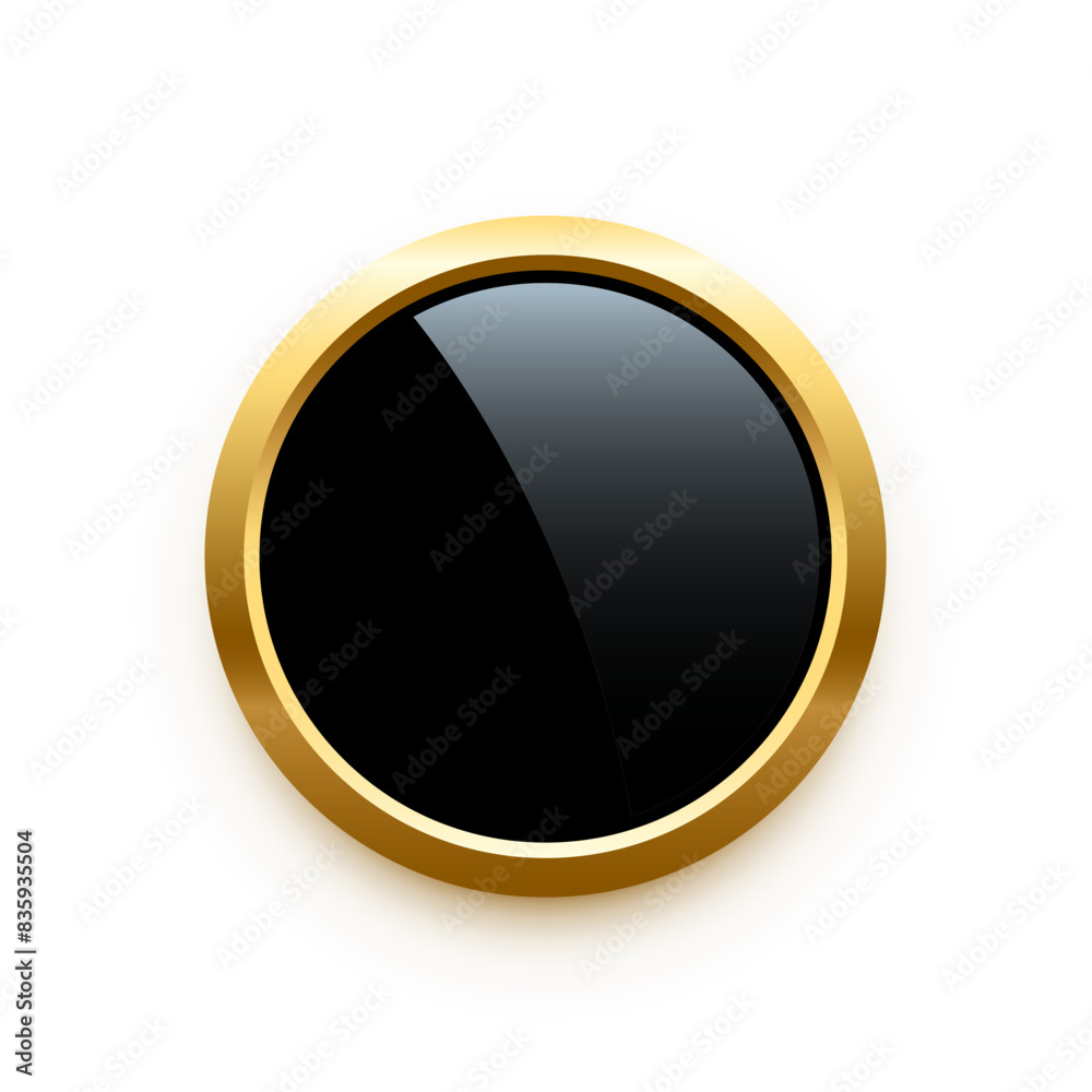 Wall mural black round button with golden frame vector illustration. circle 3d glossy elegant design for empty 