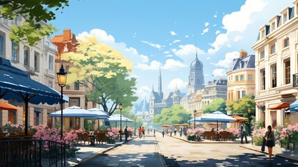 A vibrant city square with outdoor cafes, cultural festivals, and live performances, serving as a gathering place for residents and tourists alike. Painting Illustration style, Minimal and Simple,