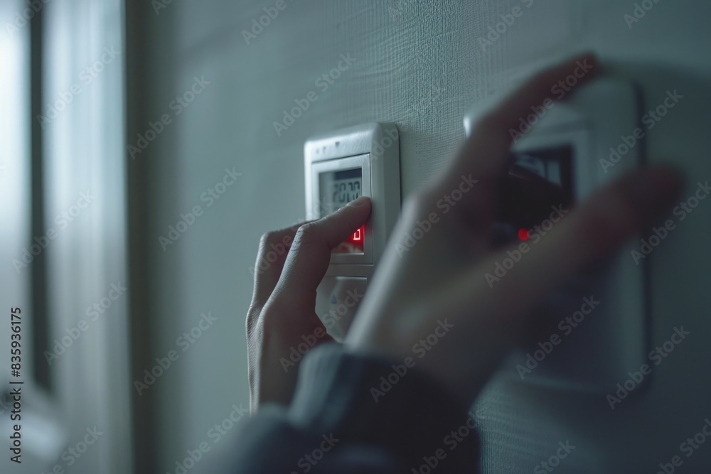 Poster A person presses a button on a modern wall-mounted control panel, providing access to various functions and controls