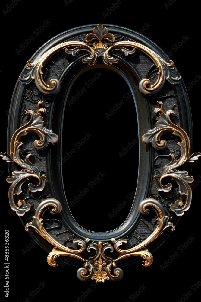 Poster A decorative frame with intricate designs and patterns in black and gold, set against a dark background