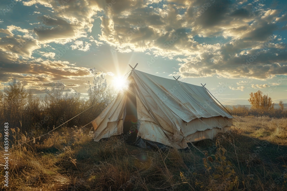 Poster a tent sitting in the middle of an open field