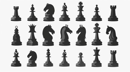 A collection of chess pieces placed on a plain white surface