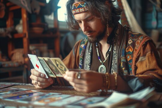 Young male fortune-teller with tarot cards recording video for blog at home. Copy space