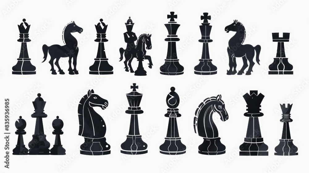 Poster A set of chess pieces arranged neatly on a white background