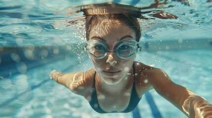 Naklejka premium Woman wearing goggles swimming in a pool, perfect for sport or lifestyle stock images