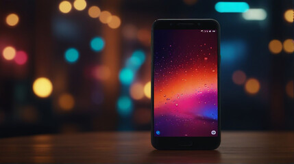 a mobile phone on the table with lighting light background ai photo