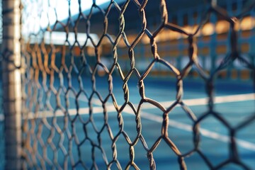 Fototapeta premium A close-up view of a chain link fence with a tennis court visible in the background