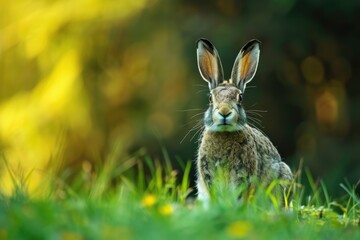A rabbit sits in the grass looking directly at the camera