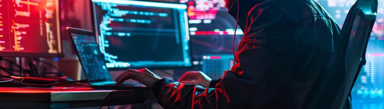 Programmer working on a laptop with digital elements