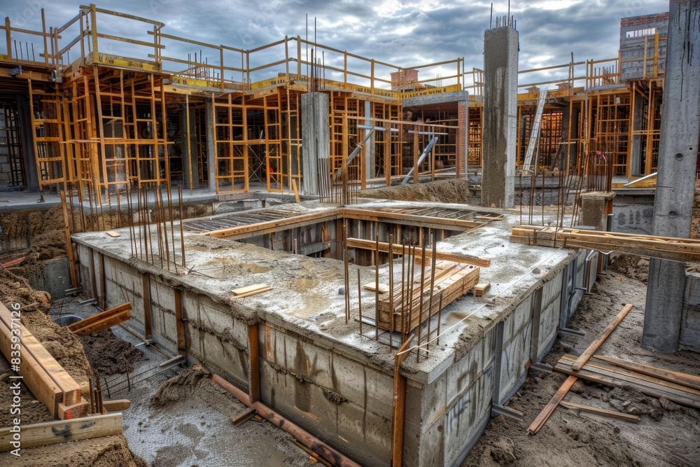 Poster A busy construction site with piles of concrete, ready for use in building and development projects