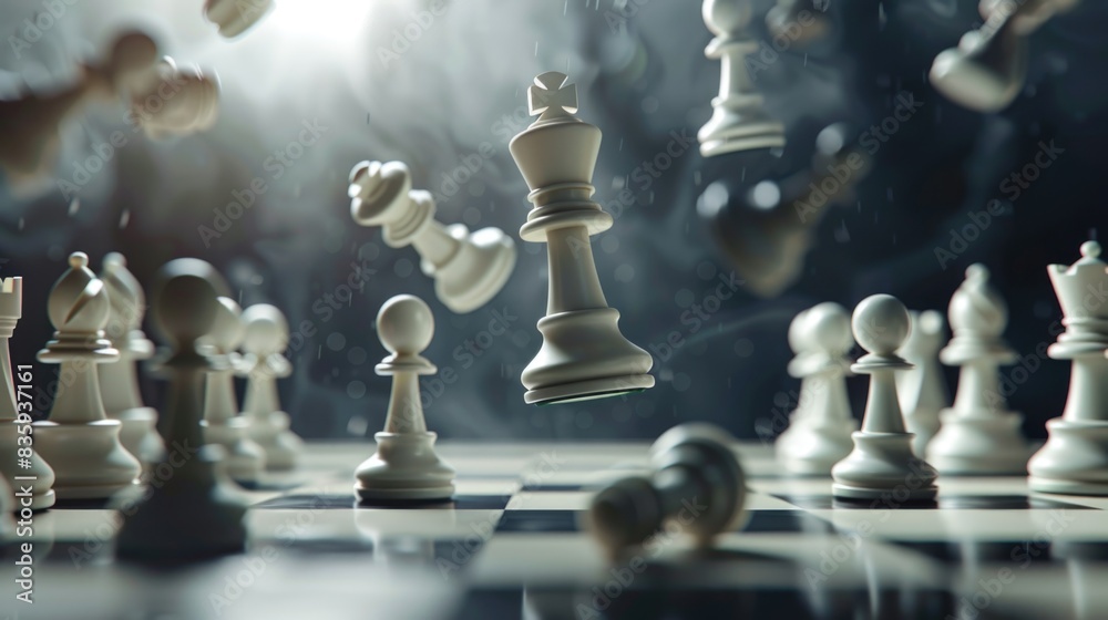 Poster chess game scene with various pieces arranged on the board