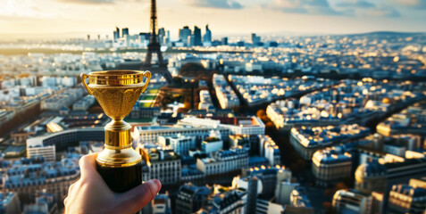  hand holding a golden trophy on a Paris cityscape